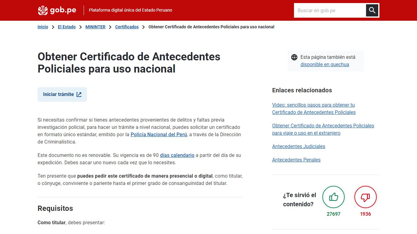 Obtener Certificado de Antecedentes Policiales para uso nacional